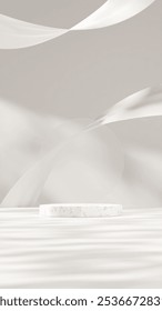 3d mockup template rendering white marble podium in portrait with floating cloth and shadow wall