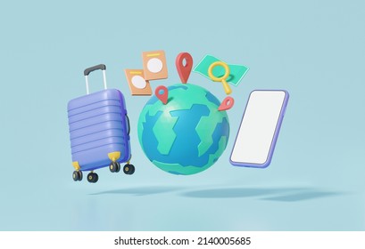 3D Mockup Tourism Trip Planning World Tour With Pin Location Suitcase Of Travel Online Booking Service On Mobile, Leisure Touring Holiday Summer Concept. 3d Render Illustration