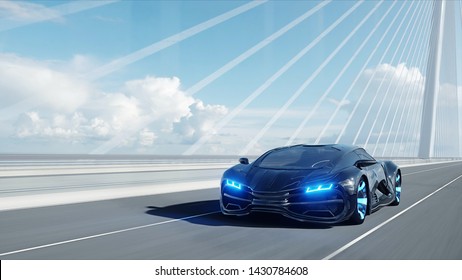 3d Model Of Black Futuristic Car On The Bridge. Very Fast Driving. Concept Of Future. 3d Rendering.