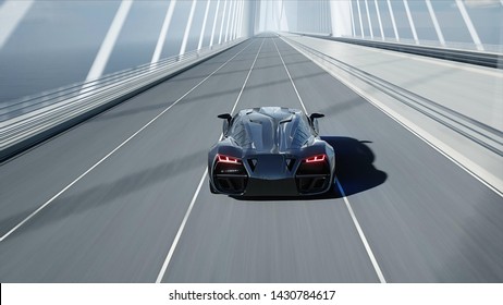 3d model of black futuristic car on the bridge. Very fast driving. Concept of future. 3d rendering.