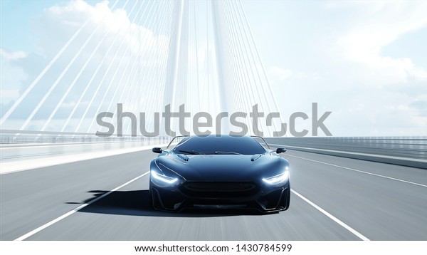 3d model of black
futuristic car on the bridge. Very fast driving. Concept of future.
3d rendering.