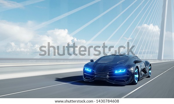 3d model of black\
futuristic car on the bridge. Very fast driving. Concept of future.\
3d rendering.