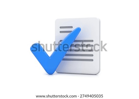 3d model of a blue check mark on a white document, signifying approval, completion, or a verified status.