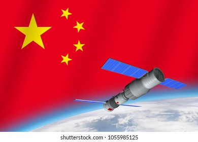 3D Model Of  China's Tiangong-1 Space Station Orbiting The Planet Earth With The Flag Of China In The Background. 3D Rendering