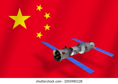 3D Model Of  China's Tiangong-1 Space Station Orbiting The Planet Earth With The Flag Of China In The Background. 3D Rendering