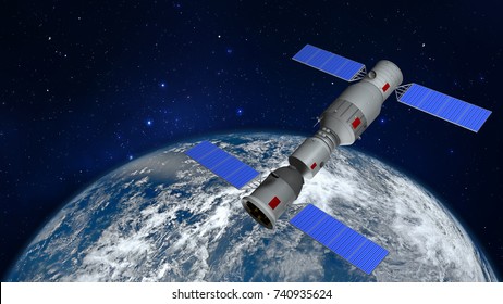 3D Model Of The Chinese Space Station Tiangong Orbiting The Planet Earth. 3D Rendering