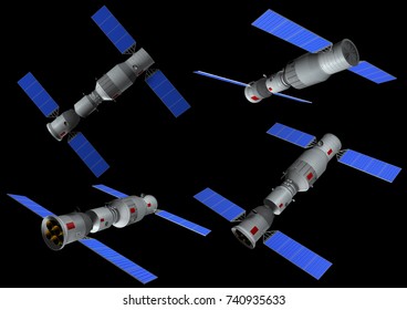 3D Model Of Chinese Space Station Tiangong In Different Positions On Black Background