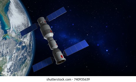 3D Model Of The Chinese Space Station Tiangong Orbiting The Planet Earth. 3D Rendering