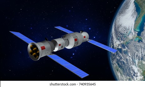 3D Model Of The Chinese Space Station Tiangong-1 Orbiting The Planet Earth. 3D Rendering