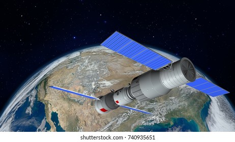 3D Model Of The Chinese Space Station Tiangong Orbiting The Planet Earth. 3D Rendering