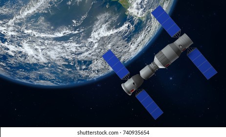 3D Model Of The Chinese Space Station Tiangong Orbiting The Planet Earth. 3D Rendering