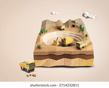 3D model of construction scene showing trucks and machinery working on mountain landscape in virtual space during daytime