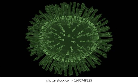 3d Model of Coronavirus Covid-19 high coronal density green color with black background and deep of field camera effect.