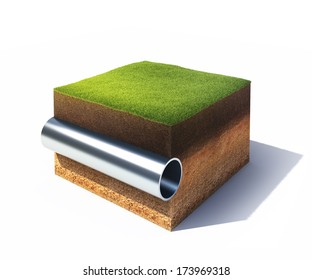 3d model of cross section of ground with grass and steel pipe isolated on white