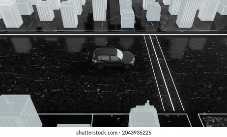 3D Model Of Driving Car In Futuristic City. Motion. Animated Layout Of City And Driving Car. 3D Model Of Driving Car On Background Of White High-rise Buildings