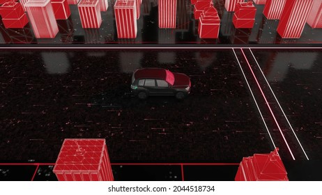 3D Model Of Driving Car In Futuristic City. Motion. Animated Layout Of City And Driving Car. 3D Model Of Driving Car On Background Of White High-rise Buildings