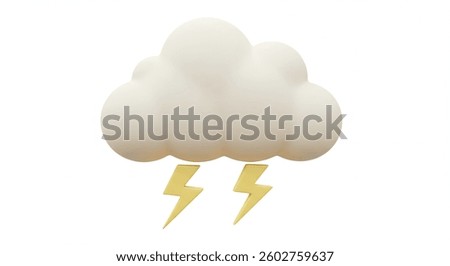 A 3D model of a fluffy white cloud with two stylized golden lightning bolts underneath, isolated on a white background. Simple, clean design.