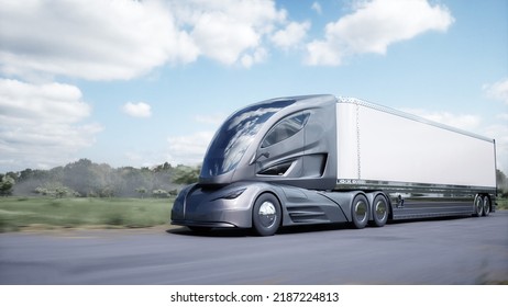 3d Model Of Futuristic Electric Truck Very Fast Driving On Highway. Logistic, Future Concept. 3d Rendering. 3D Illustration