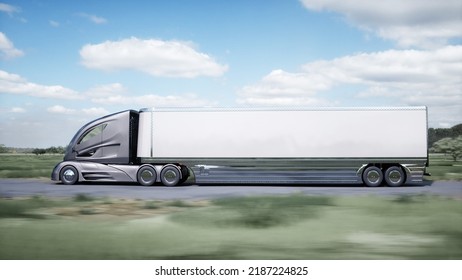 3d Model Of Futuristic Electric Truck Very Fast Driving On Highway. Logistic, Future Concept. 3d Rendering. 3D Illustration