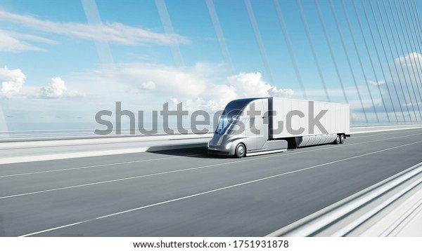 3d model of futuristic electric\
truck on the bridge. Electric automobile. 3d\
rendering.