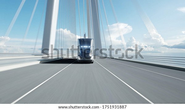3d model of futuristic electric\
truck on the bridge. Electric automobile. 3d\
rendering.