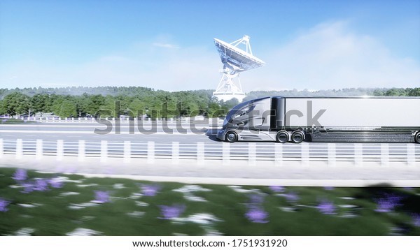 3d model of\
futuristic electric truck on highway. Future city background.\
Electric automobile. 3d\
rendering
