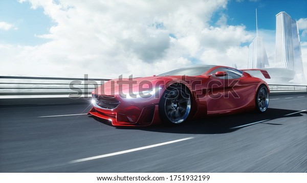 3d model of futuristic red
electric car on highway. Very fast driving. Future concept. 3d
rendering.