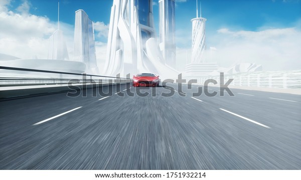 3d model of futuristic red\
electric car on highway. Very fast driving. Future concept. 3d\
rendering.