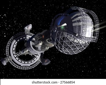 3D Model Of Futuristic Space Ship In Interstellar Travel Background