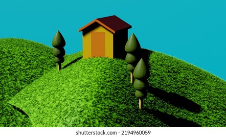 3d Model Hut On Green Hills 