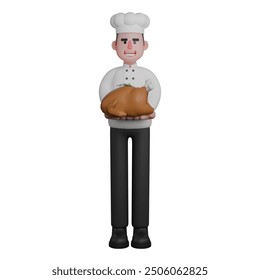 3D Model of Male Chef. A chef holding a roasted chicken garnished with herbs. Professional Cook - Powered by Shutterstock