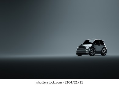 3D Model Of A Mini Car, Studio Shooting, Gray Background. The Concept Of Car Service, Repair, Purchase, Car Loan. 3D Illustration, 3D Render