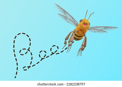 3D Model For One Bee In Flight Is The Word Bee In English Isolated On Blue Sky Concept For Learning English Alphabet With Cute Animal Or Insect Characters For Kids 3D Rendering Illustration