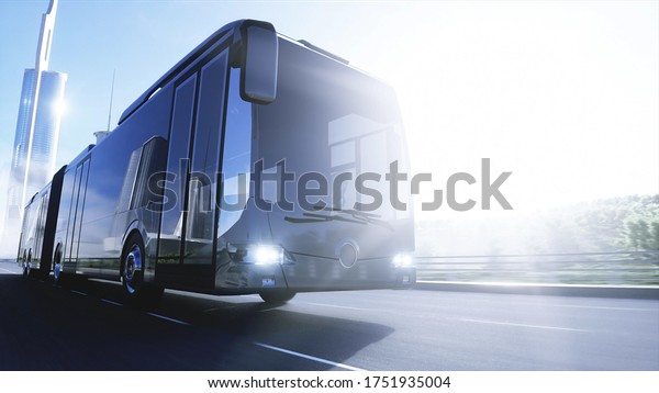 3d model of passenger bus\
very fast driving on the highway. Futuristic city background. 3d\
rendering.
