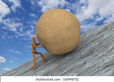 3D model of puppet hard working by trying to push and roll a heavy stone up to sloped mountain