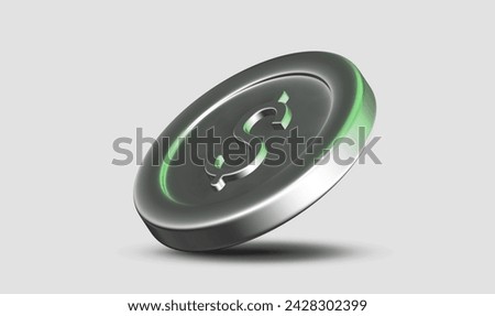 A 3D model of a silver glossy coin with a dollar sign. Isolated 3D platinum USD dollar coin