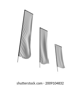 3D Model Of Telescopic Flags 3D Render Banner Flags Series With Black Sleeves, White Textile,  Isolated On White Background For Illustration And Psd Mockup. Bottom Up Perspective View Of Flags