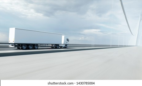 3d Model Of White Truck On The Bridge. 3d Rendering.