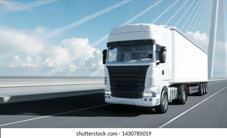 3d Model Of White Truck On The Bridge. 3d Rendering.