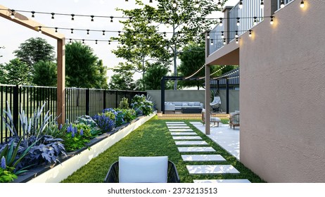 3D modeling and rendering of luxury backyard design. 