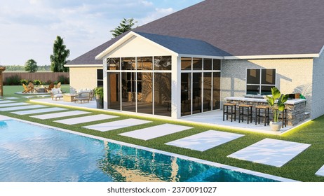 3D modeling and rendering of swimming pool design.
