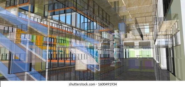 3D Modeling With Transparent And Reflection Effect Generated With A Design Software, Of The Interior Of An Imaginary Building, Having A Large Hall And Mezzanine Floors Built Around The Central Atrium 