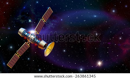 3d models of an artificial satellite in space. Standalone space station in Earth orbit. Supervisory research spy probe. Data from space on Earth. Starship.