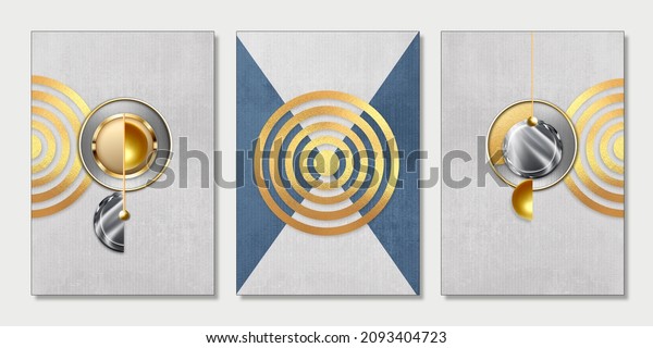 3d modern art frame canvas mural wallpaper. golden and silver circle and decorative golden lines in light gray background. 