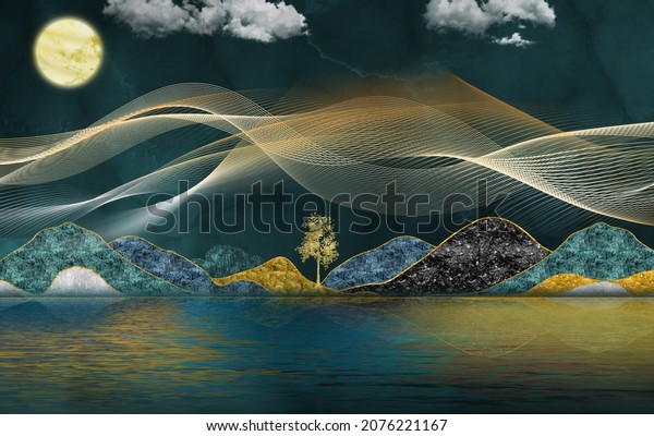 3d modern art mural wallpaper with dark blue blue background. golden tree and mountains , golden moon. dark landscape background and clouds and colorful mountains. for home wall decoration 