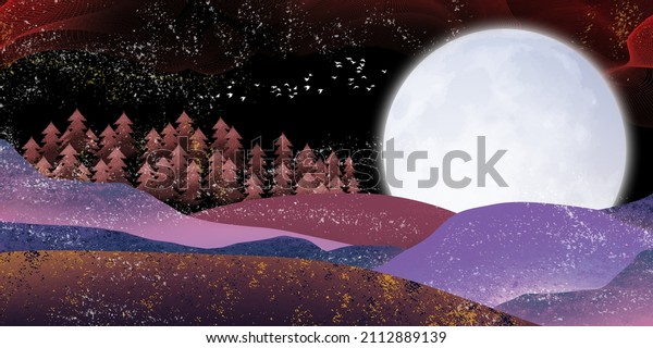 3d modern art mural wallpaper with dark snowy background. Colorful mountain, moon with white birds