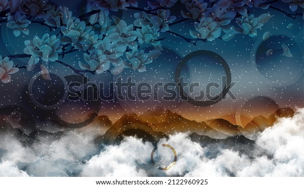 3d modern art mural\
wallpaper with dark background. Decorative flowers, clouds and\
circles\
