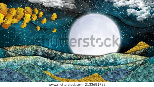 3d modern art mural wallpaper with dark blue background. golden feathers and colorful marbled mountains, white moon. dark landscape background with clouds. for home wall decoration