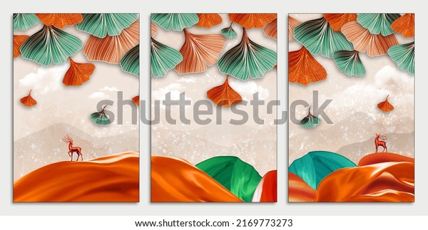 3d modern canvas art landscape mural wallpaper. orange and green ginko biloba in marble background. mountains, clouds and deer