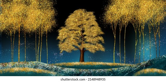 3d Modern Canvas Art Mural Wallpaper Landscape Moon, Golden Christmas Trees, Colorful Mountains 